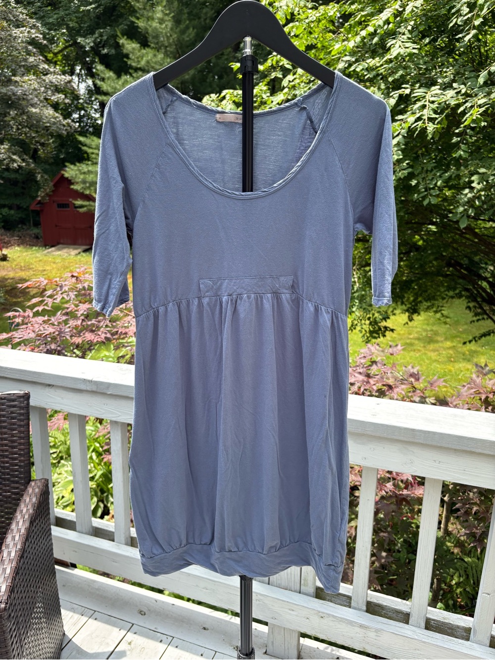 Relaxed Scoop Neck Blue Tunic with Gathered Waist